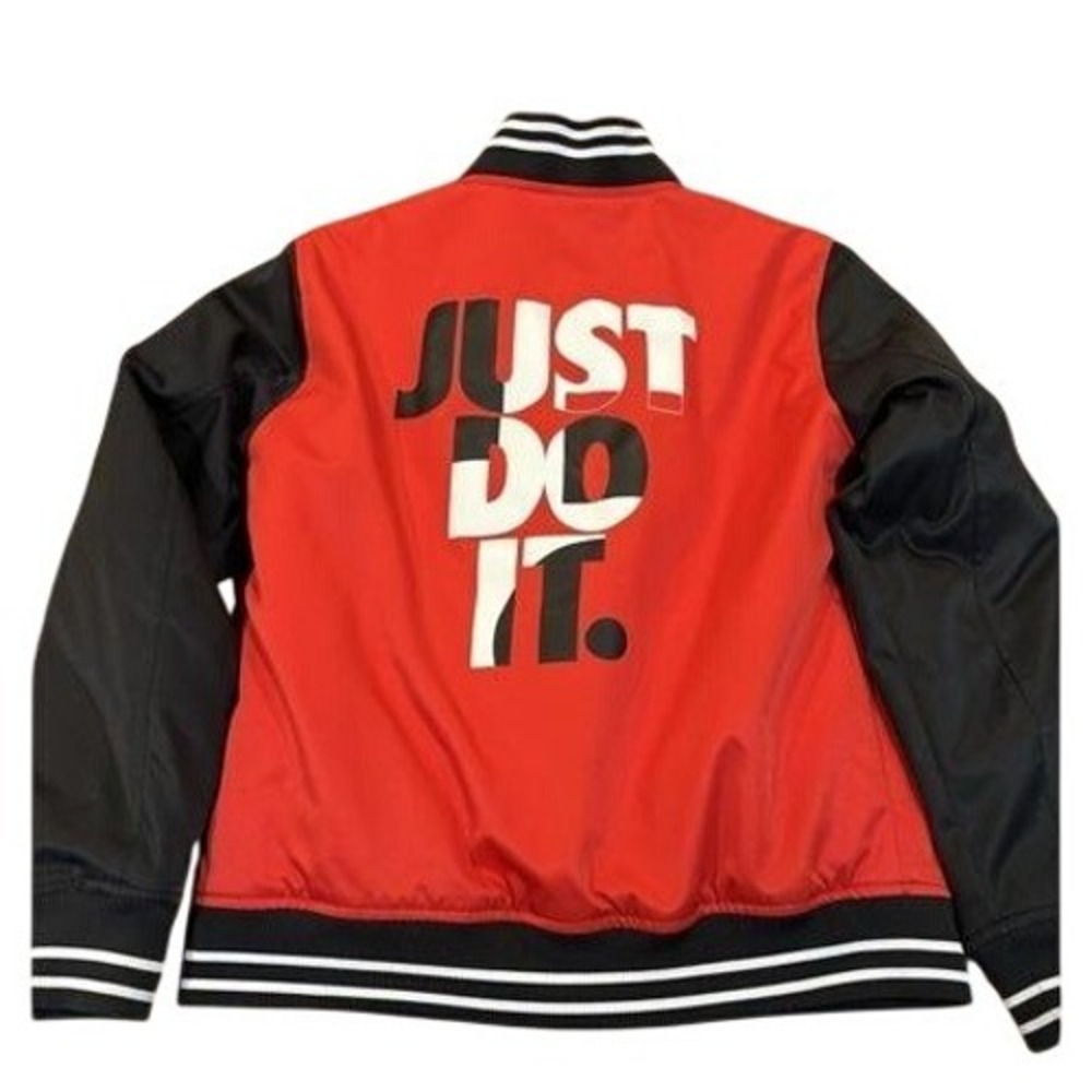 rare‎ NIKE Varsity Bomber Jacket Red Black Zip Up Just Do It on back kids' Large